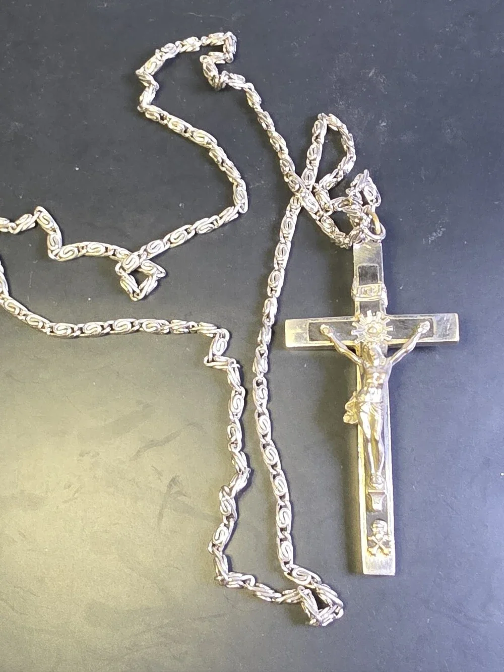 Vintage Catholic Nun's Or Priests Crucifix Featuring An Ebony Wood Inlay